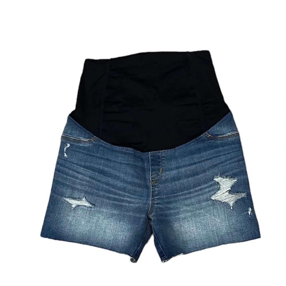 Isabel Maternity Over Belly Medium Wash Distressed Midi Jean Shorts Size 6